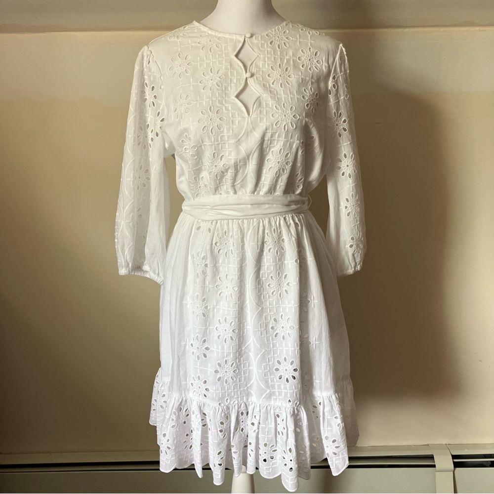 J.Crew White Eyelet Mini Dress | Belted Cotton | Cottagecore Summer size Small - Picture 3 of 12